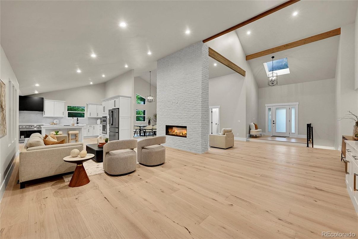 Fireplace, Interior, Kitchen, Living room, Pendant Lights, Recessed Lighting, Wooden Beams, Wood Texture Flooring