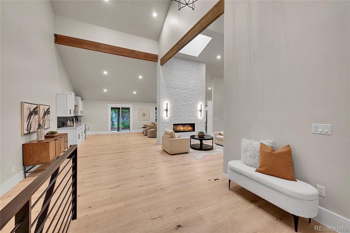 Fireplace, Interior, Living room, Recessed Lighting, Wooden Beams, Wood Texture Flooring