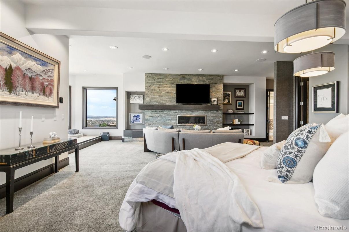 Bedroom, Fireplace, Interior, Living room, Recessed Lighting, Stone Walls