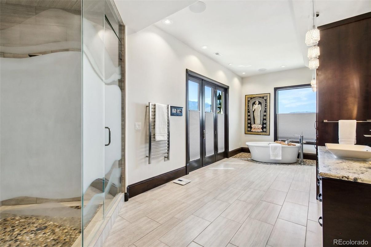 Bathroom, Chandelier, Dual Sink Vanities, Free Standing Baths, Interior, Pendant Lights, Recessed Lighting