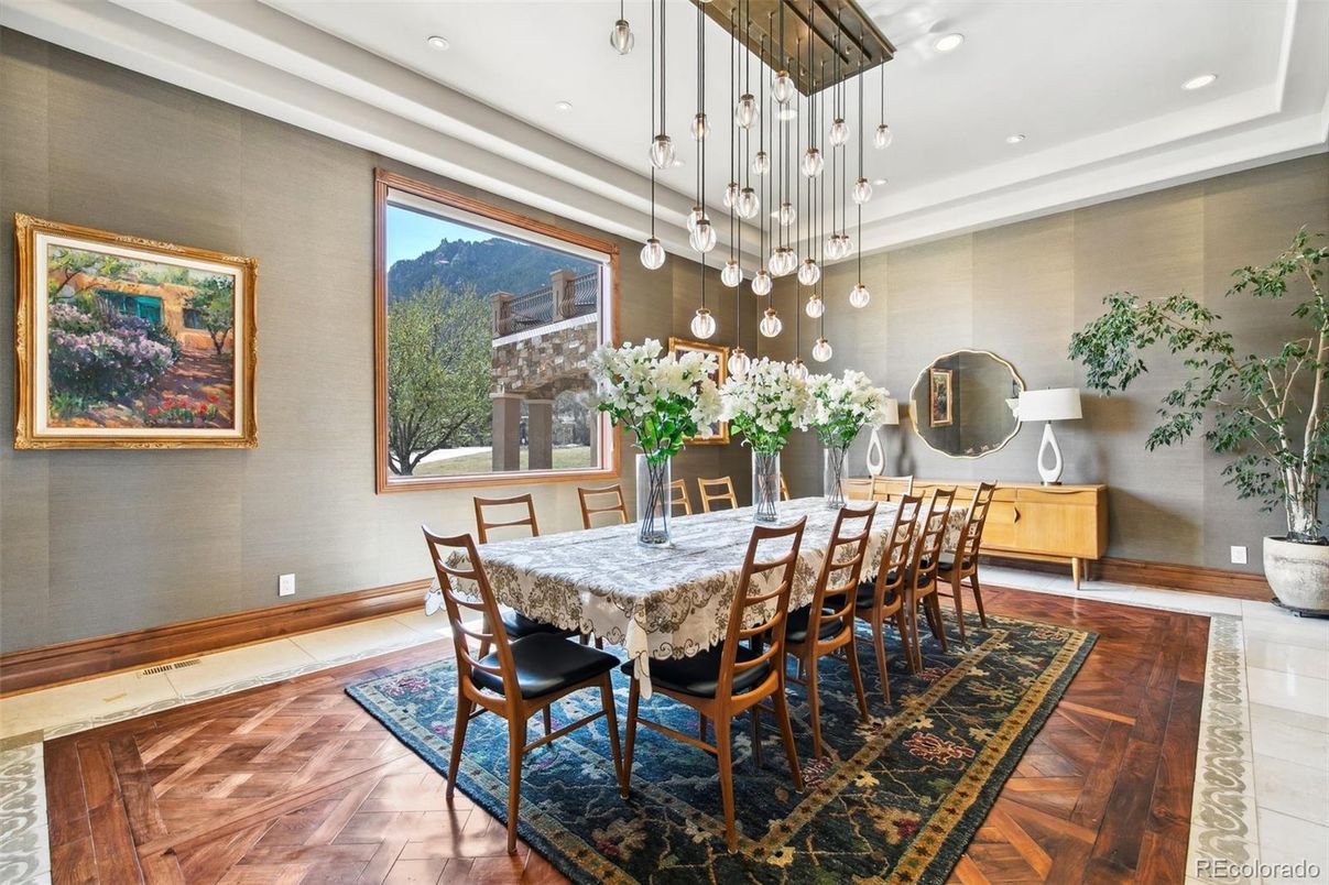 Dining room, Interior, Pendant Lights, Recessed Lighting, Wood Texture Flooring