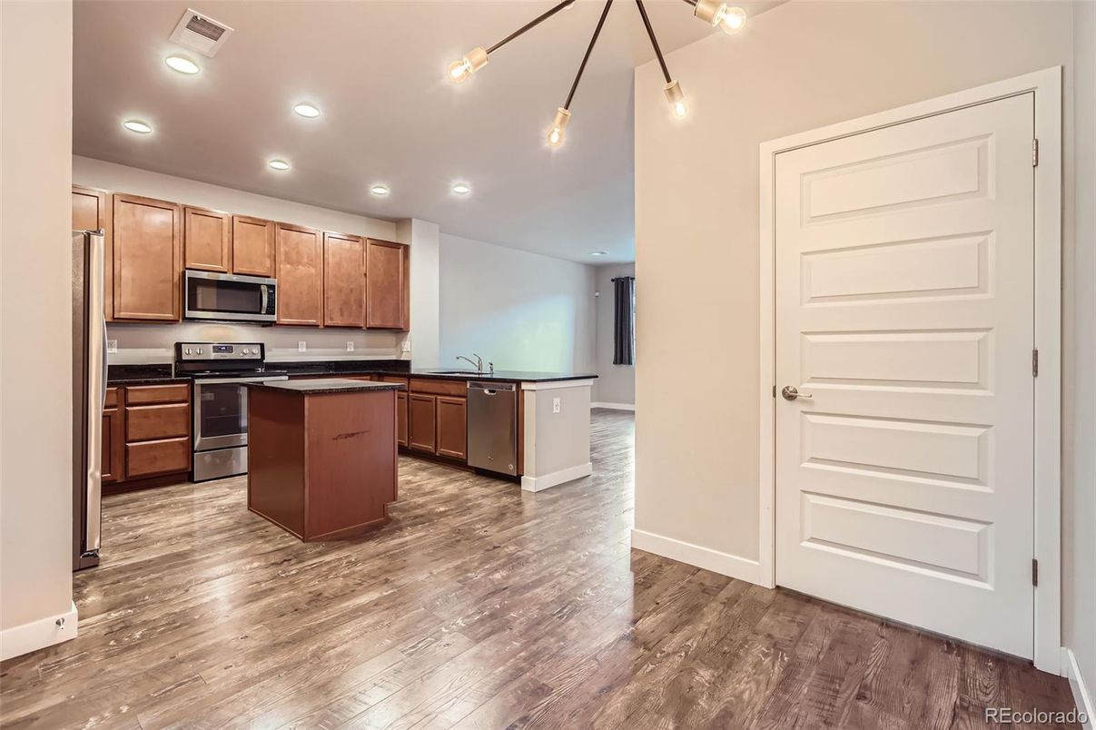 Interior, Kitchen, Recessed Lighting, Stainless Steel Appliances, Wood Texture Flooring