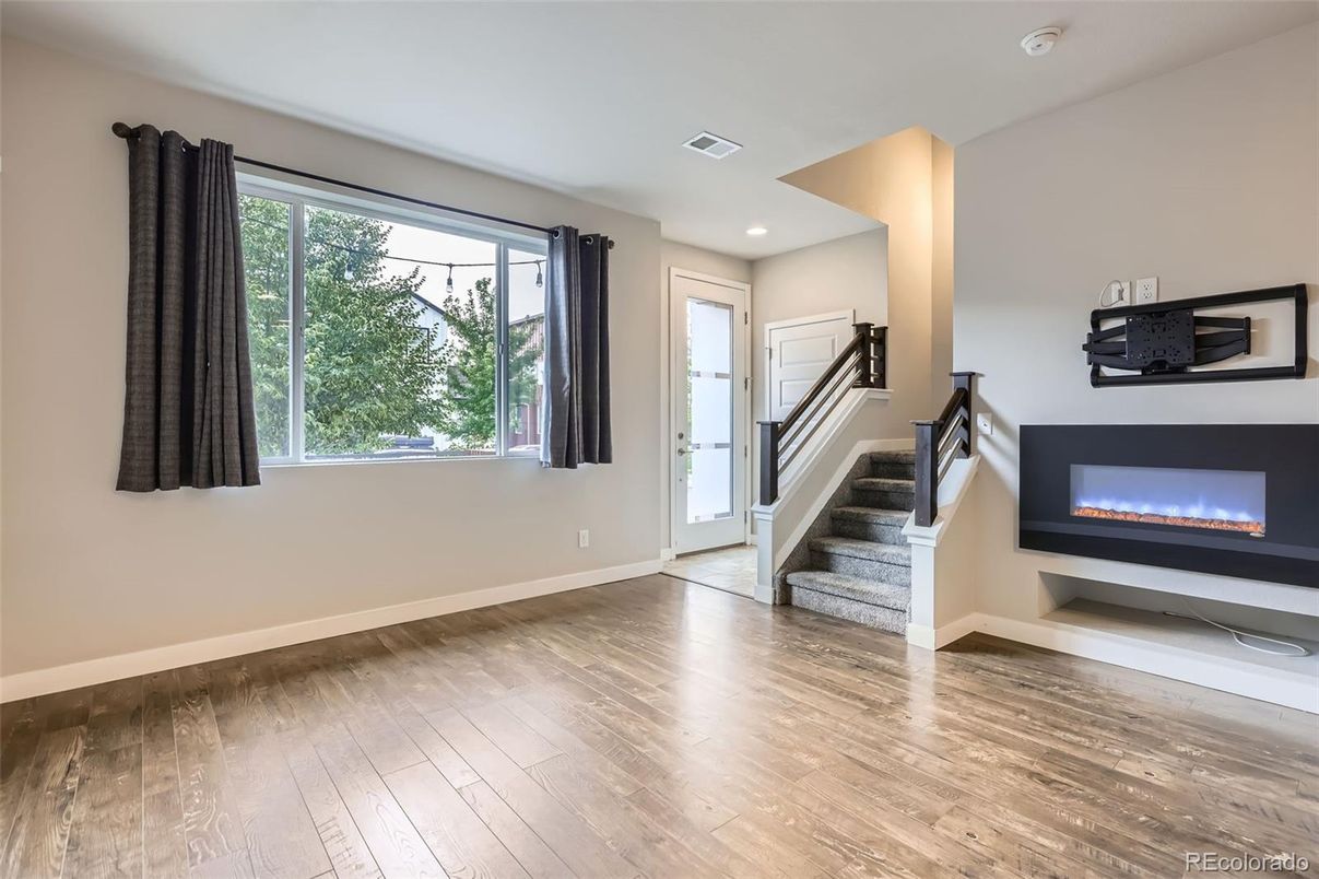Fireplace, Interior, Recessed Lighting, Wood Texture Flooring