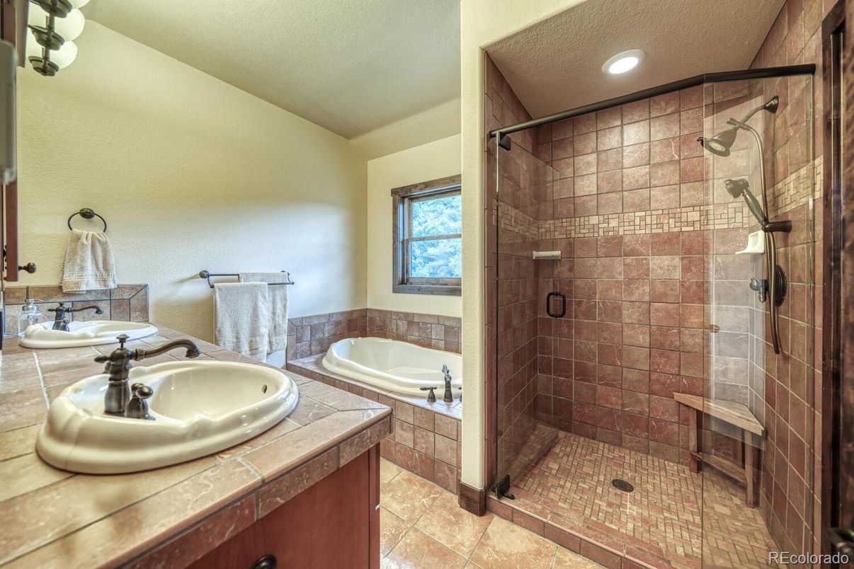 Bathroom, Glass Shower, Interior, Recessed Lighting, Tile Countertops