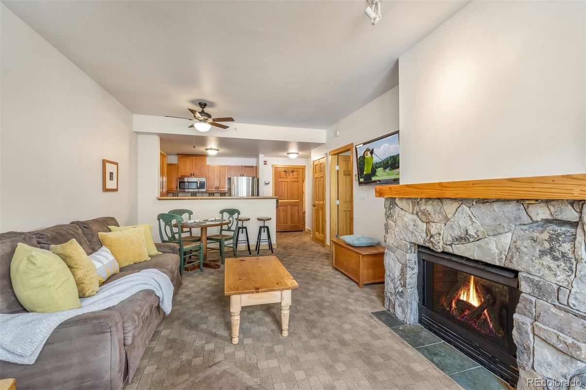 Dining room, Fireplace, Interior, Kitchen, Living room, Stone Walls