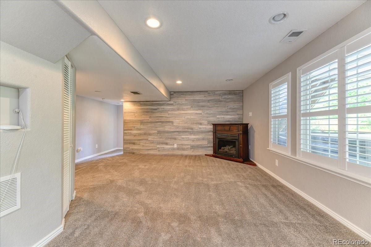 Empty room, Fireplace, Interior, Recessed Lighting, Wooden Walls