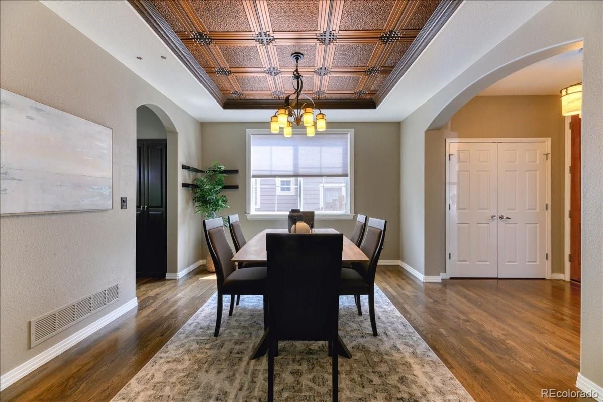 Chandelier, Dining room, Interior, Pendant Lights, Wood Texture Flooring
