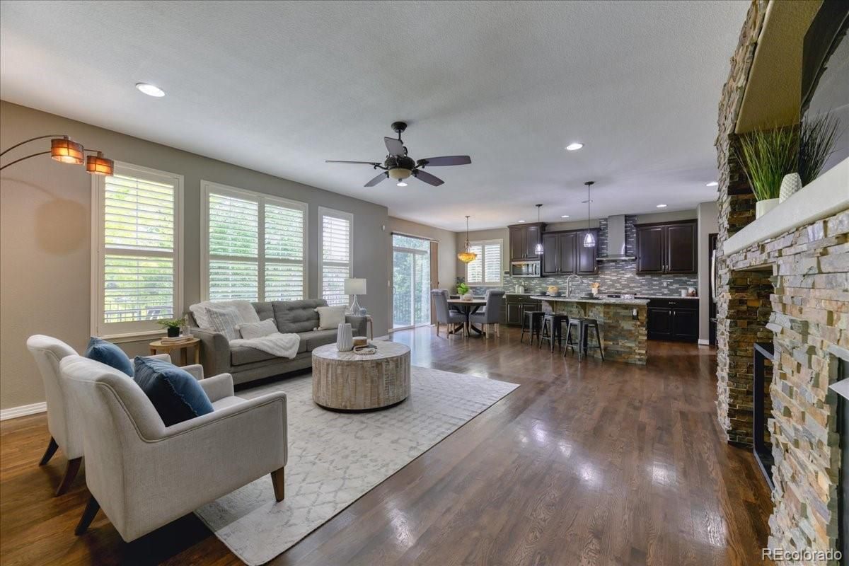 Dining room, Interior, Kitchen, Living room, Pendant Lights, Recessed Lighting, Stone Walls, Wood Texture Flooring