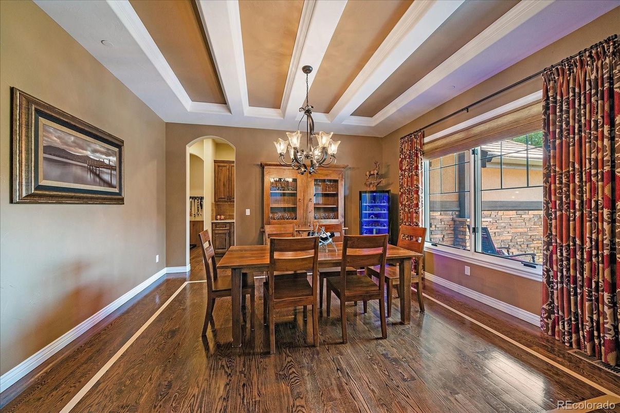 Chandelier, Dining room, Interior, Wood Texture Flooring