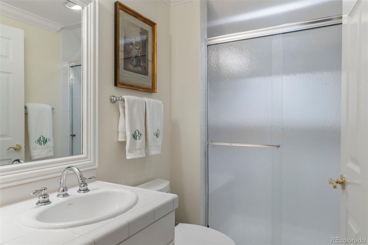 Bathroom, Glass Shower, Interior, Recessed Lighting, Tile Countertops