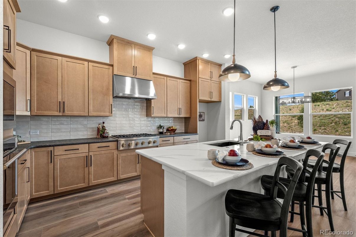 Interior, Kitchen, Pendant Lights, Recessed Lighting, Stainless Steel Appliances, Wood Texture Flooring