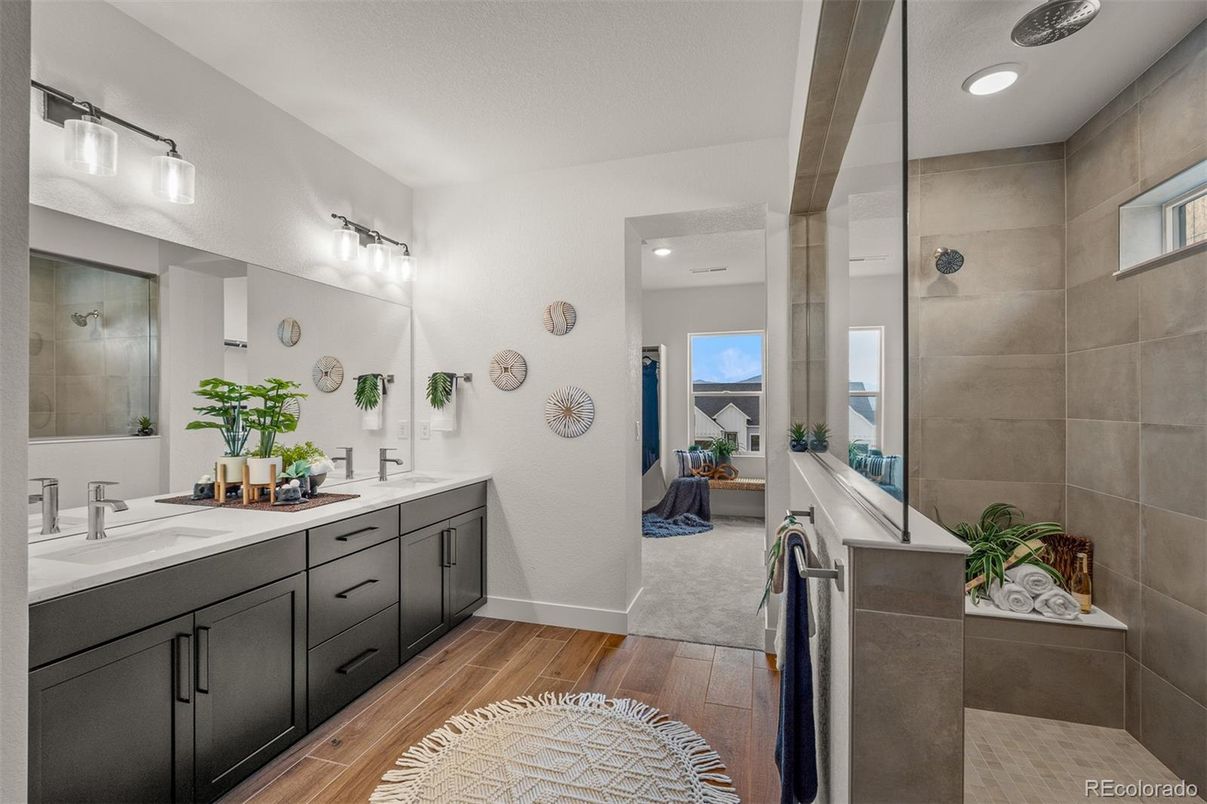 Bathroom, Dual Sink Vanities, Interior, Recessed Lighting, Wood Texture Flooring
