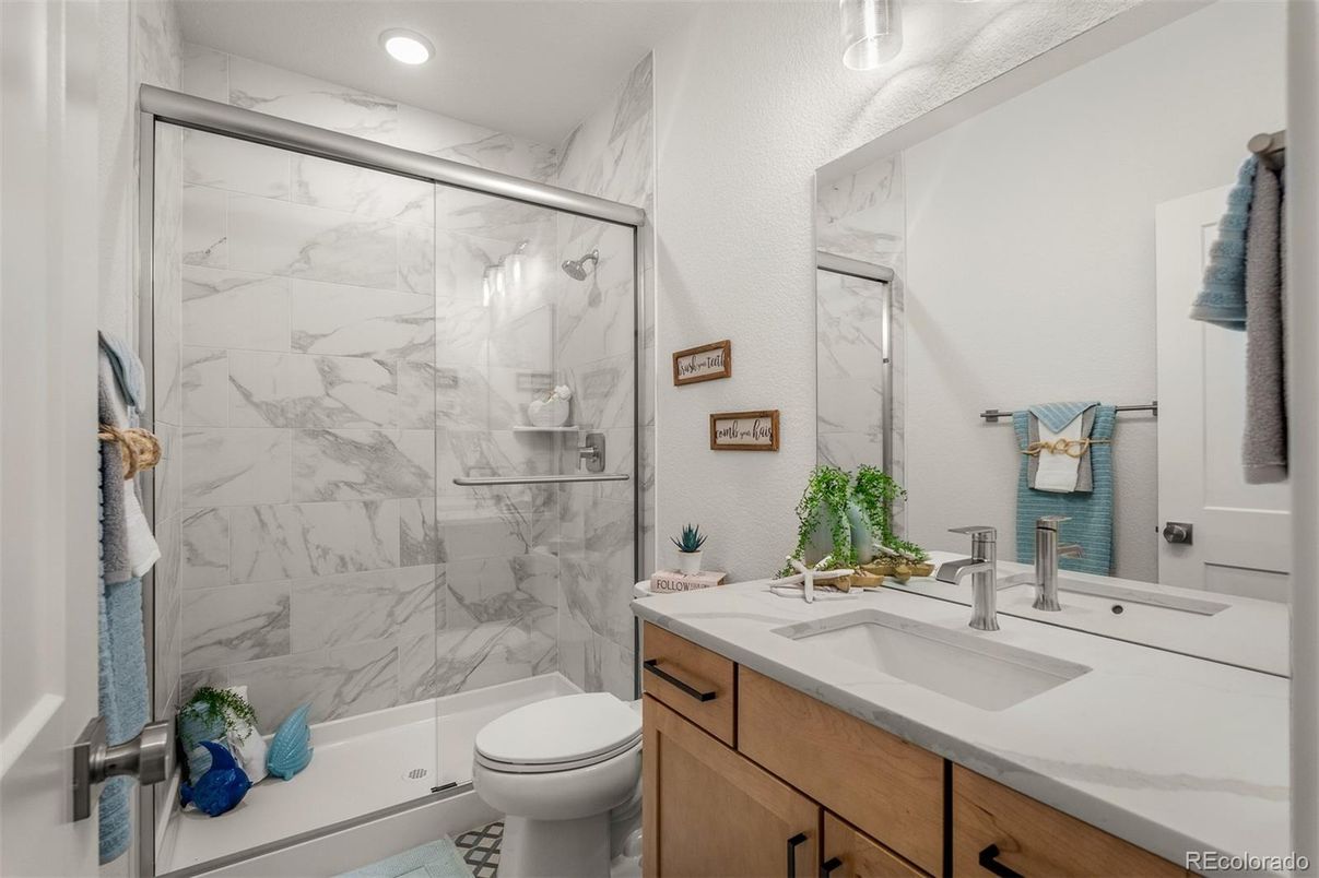 Bathroom, Glass Shower, Interior, Marble Walls, Recessed Lighting