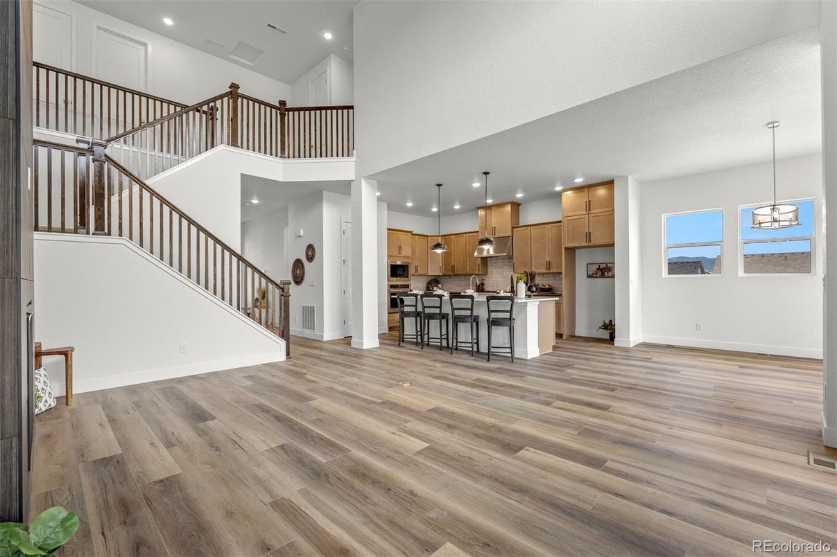 Interior, Kitchen, Pendant Lights, Recessed Lighting, Wood Texture Flooring
