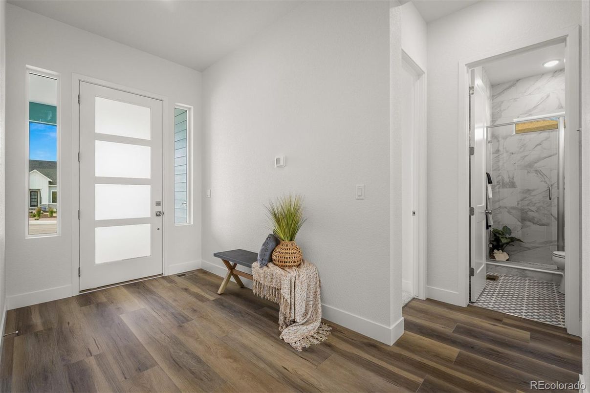 Bathroom, Interior, Marble Walls, Recessed Lighting, Wood Texture Flooring