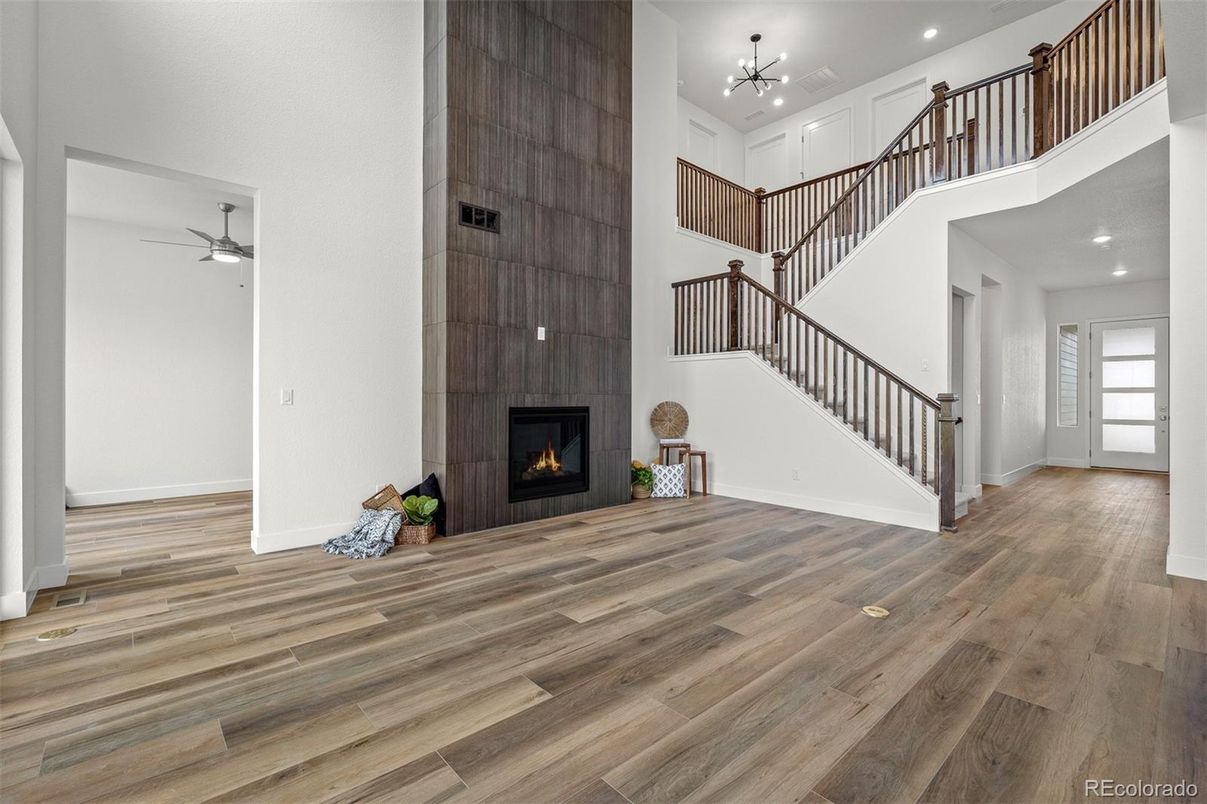 Fireplace, Interior, Pendant Lights, Recessed Lighting, Wood Texture Flooring