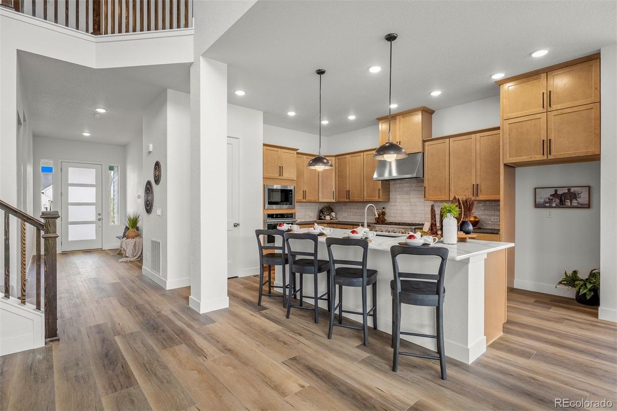 Interior, Kitchen, Pendant Lights, Recessed Lighting, Wood Texture Flooring