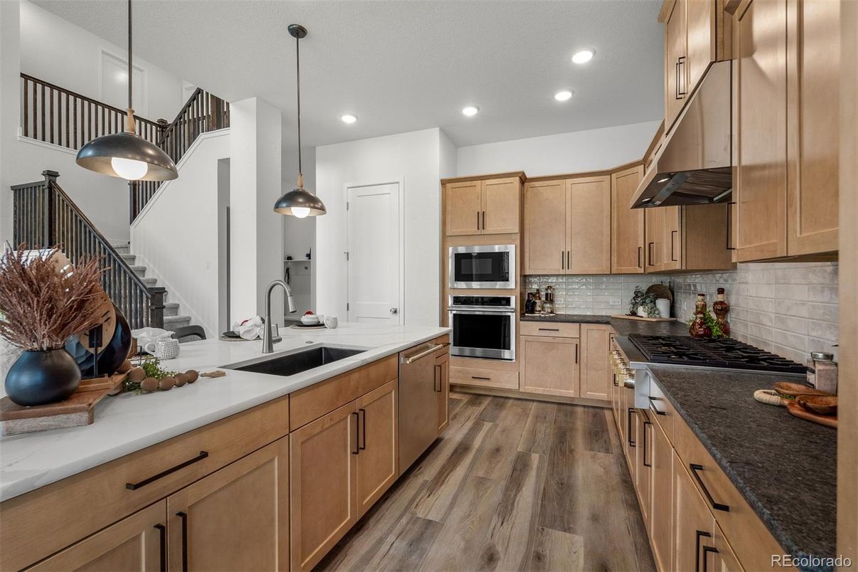 Interior, Kitchen, Pendant Lights, Recessed Lighting, Stainless Steel Appliances, Wood Texture Flooring