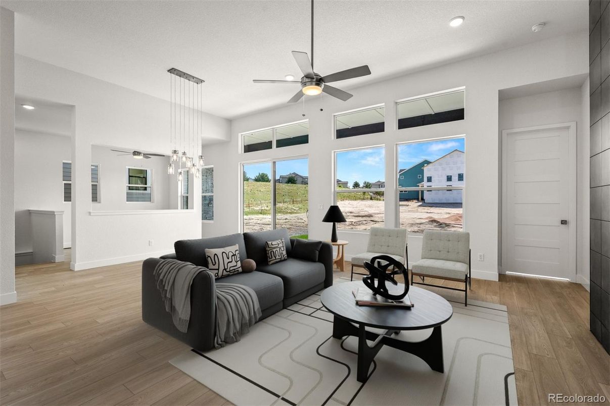 Interior, Living room, Pendant Lights, Recessed Lighting, Wood Texture Flooring