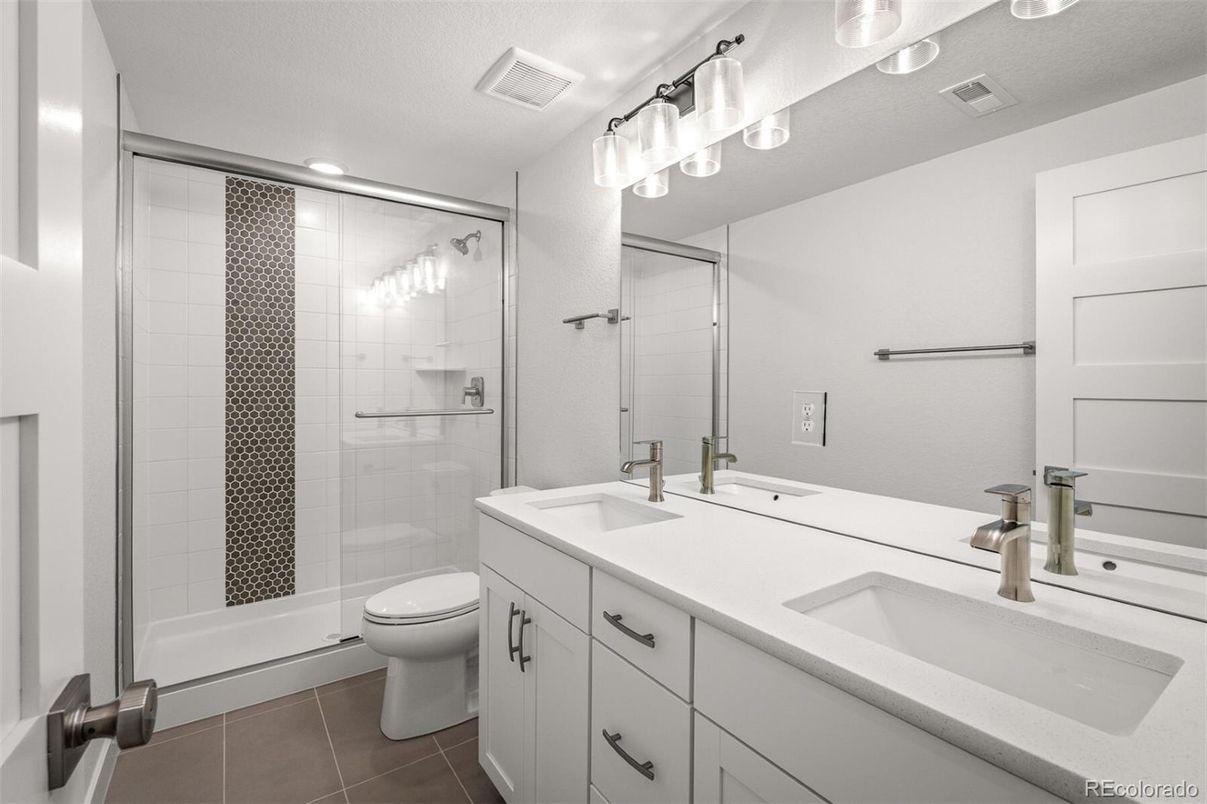 Bathroom, Dual Sink Vanities, Glass Shower, Interior, Recessed Lighting