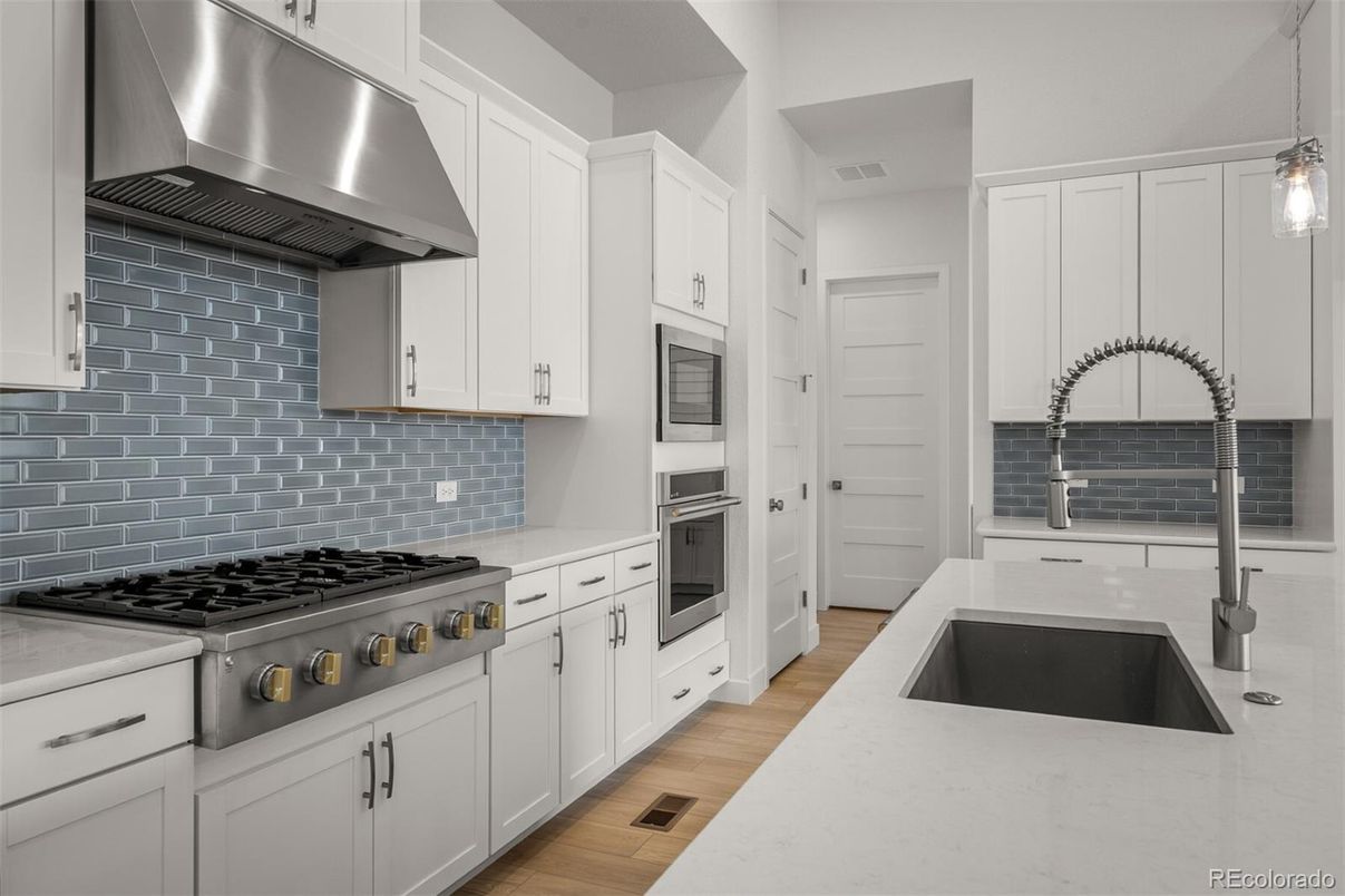 Interior, Kitchen, Pendant Lights, Stainless Steel Appliances, Wood Texture Flooring