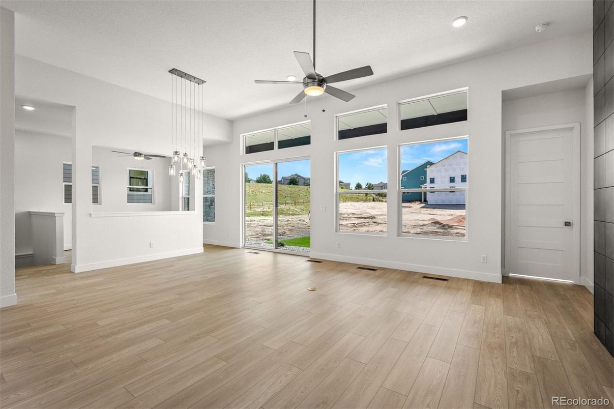 Empty room, Interior, Pendant Lights, Recessed Lighting, Wood Texture Flooring