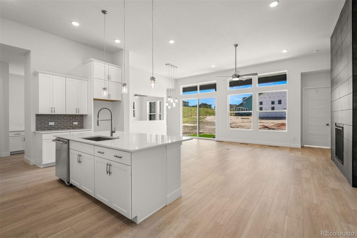 Interior, Kitchen, Pendant Lights, Recessed Lighting, Wood Texture Flooring