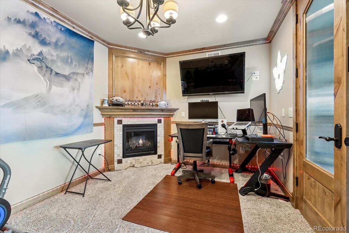 Chandelier, Fireplace, Home Office, Interior, Recessed Lighting, Wood Texture Flooring