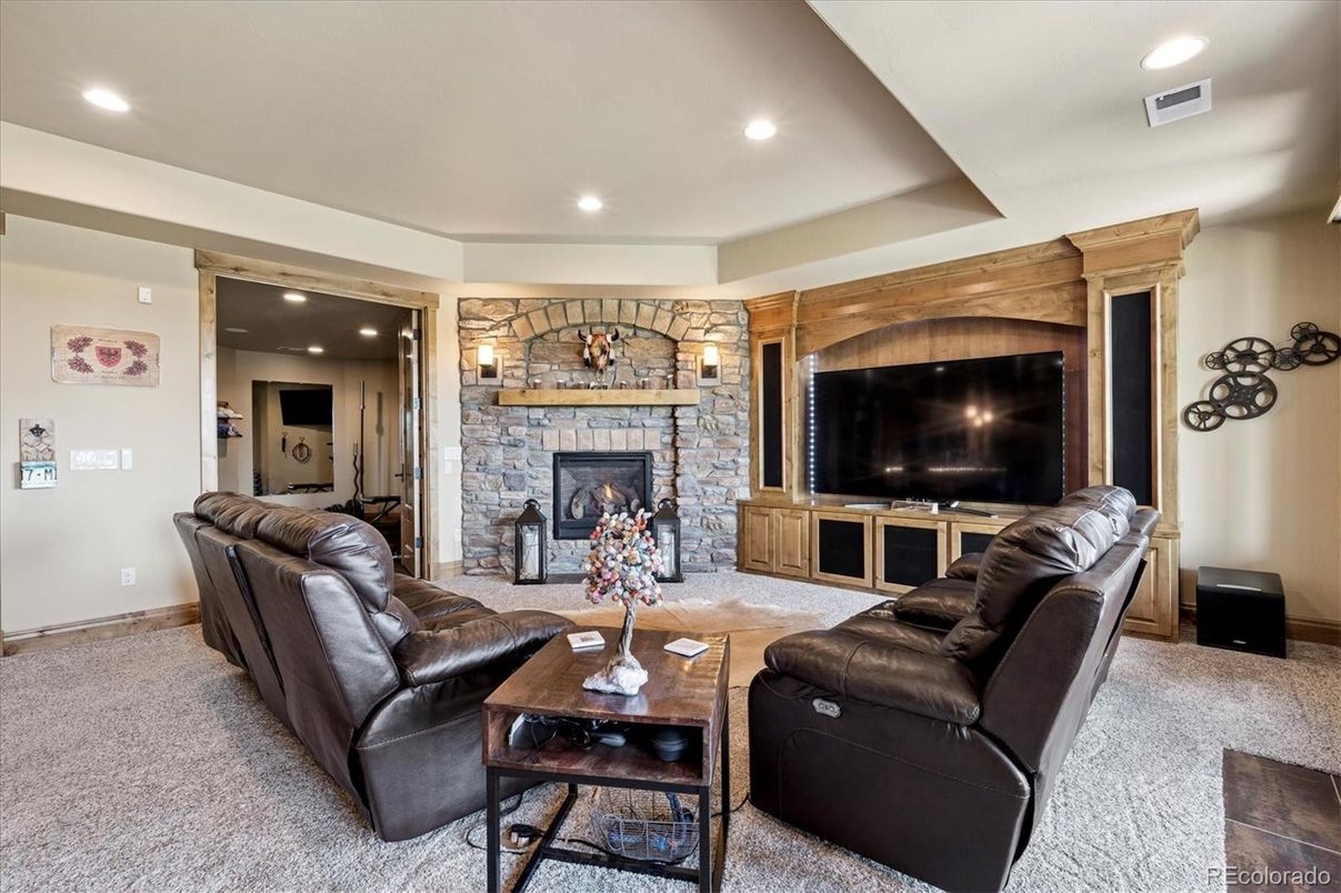 Fireplace, Interior, Living room, Recessed Lighting, Stone Walls