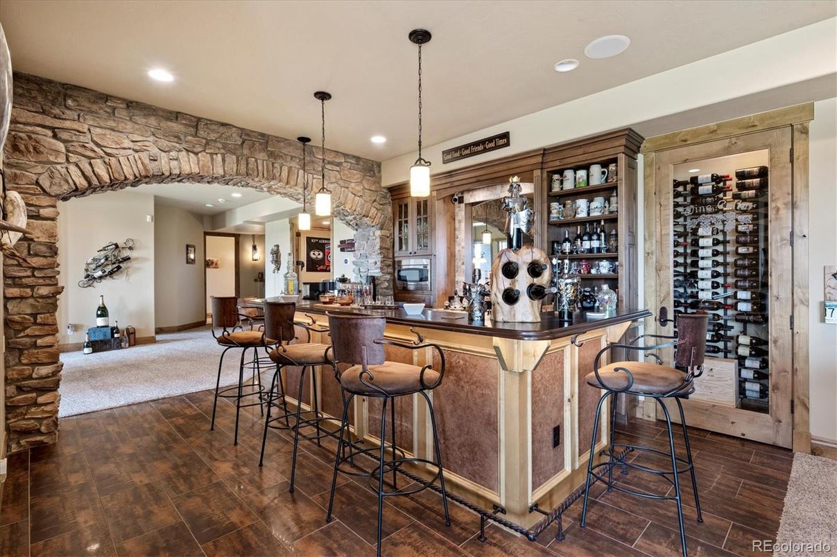 Interior, Pendant Lights, Recessed Lighting, Stone Walls, Wood Texture Flooring