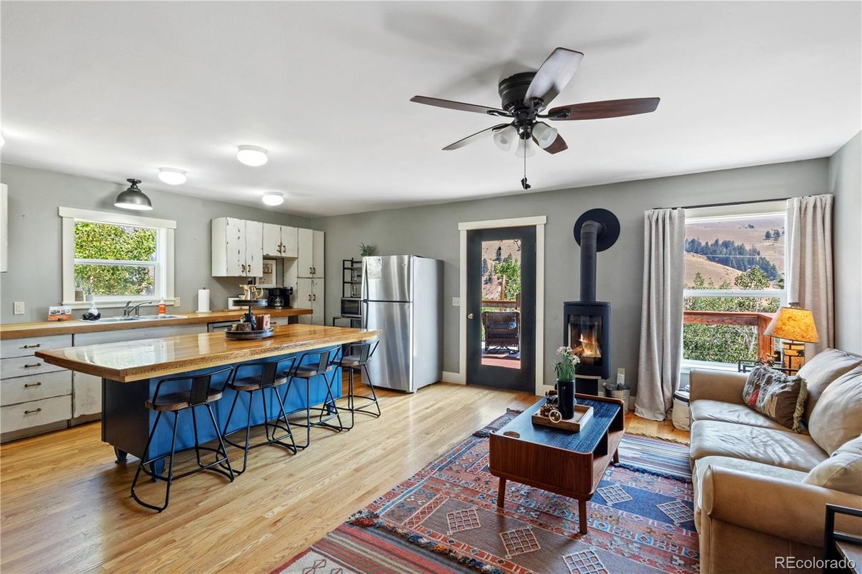 Fireplace, Interior, Kitchen, Living room, Wood Texture Flooring