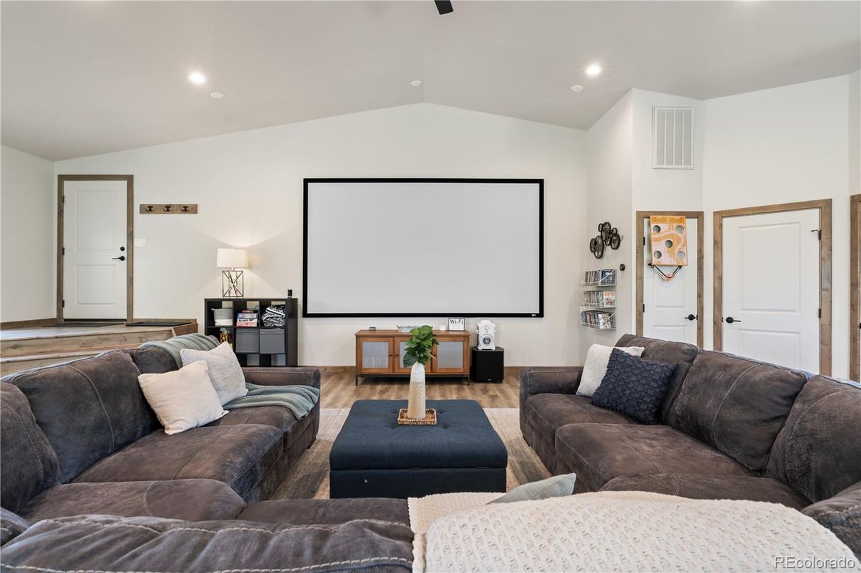 Interior, Living room, Projection Screen, Recessed Lighting, Wood Texture Flooring
