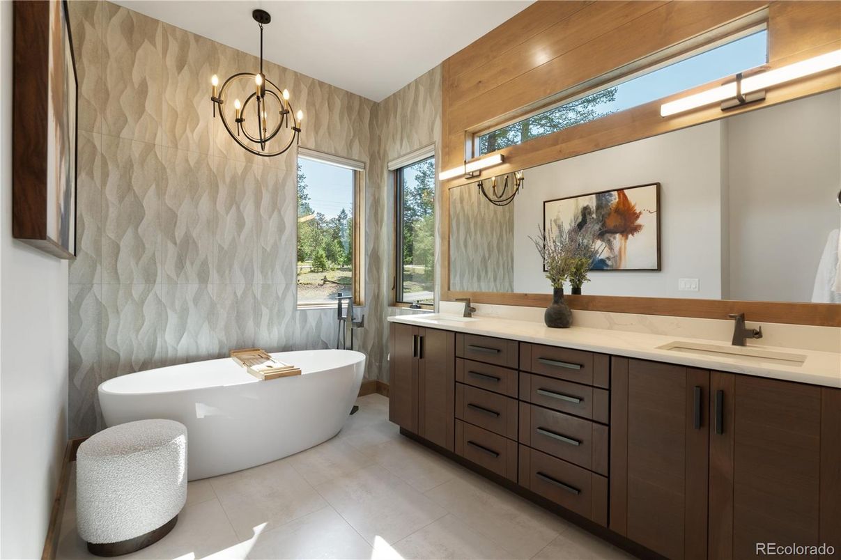 Bathroom, Dual Sink Vanities, Free Standing Baths, Interior, Pendant Lights, Wooden Walls
