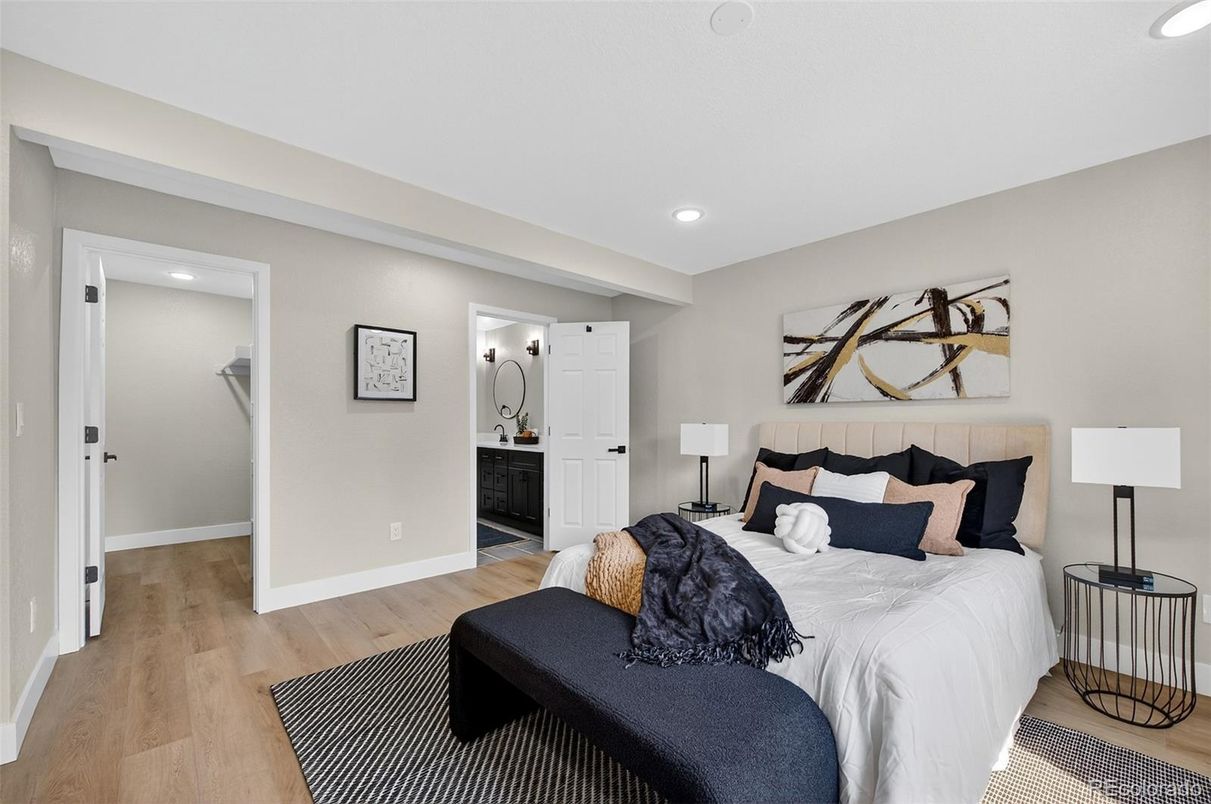 Bedroom, Interior, Recessed Lighting, Wood Texture Flooring