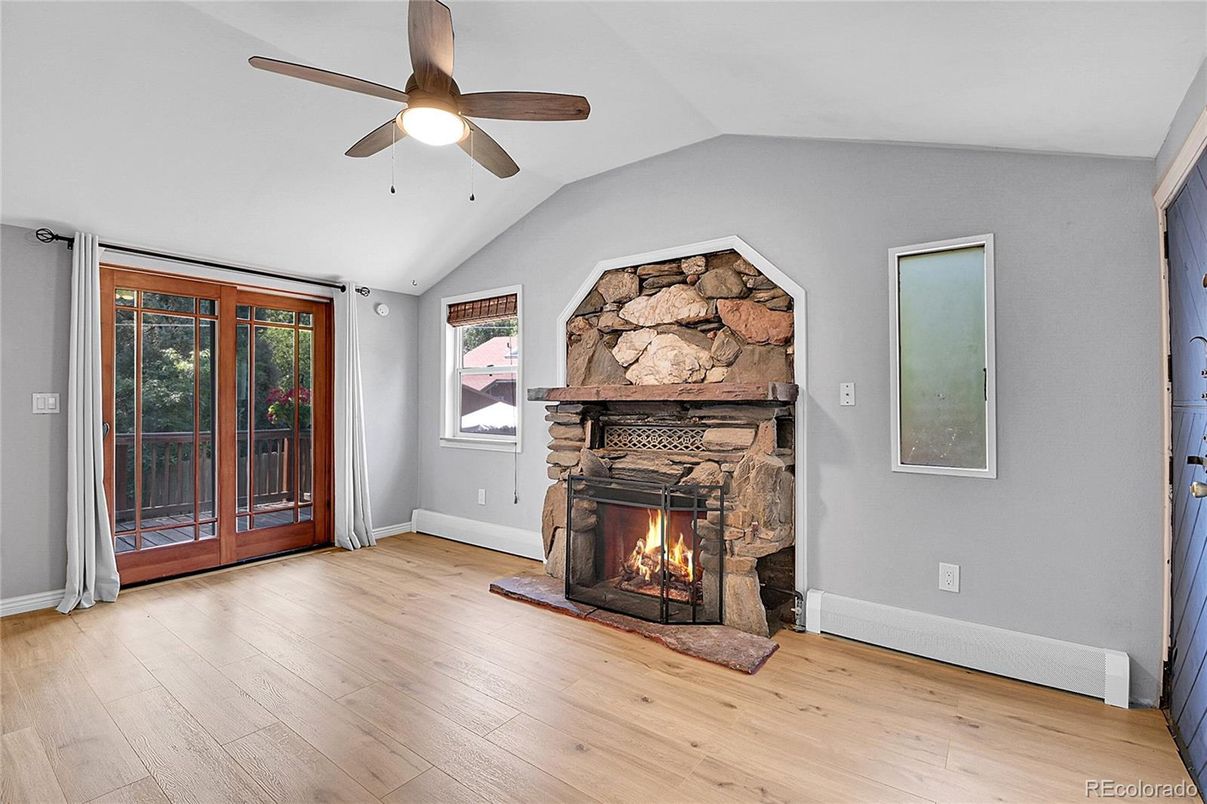Empty room, Fireplace, Interior, Stone Walls, Wood Texture Flooring