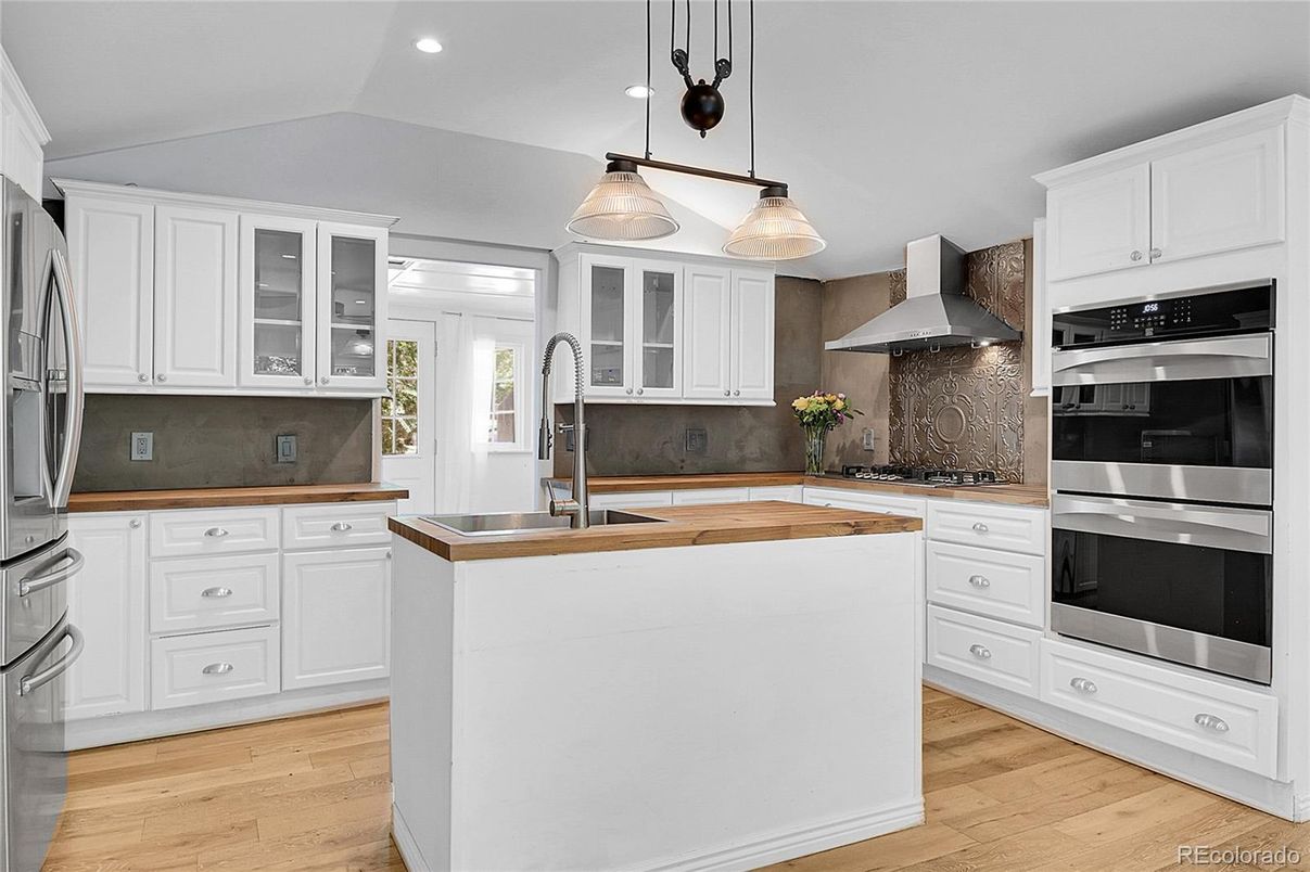 Interior, Kitchen, Pendant Lights, Recessed Lighting, Stainless Steel Appliances, Wood Texture Flooring