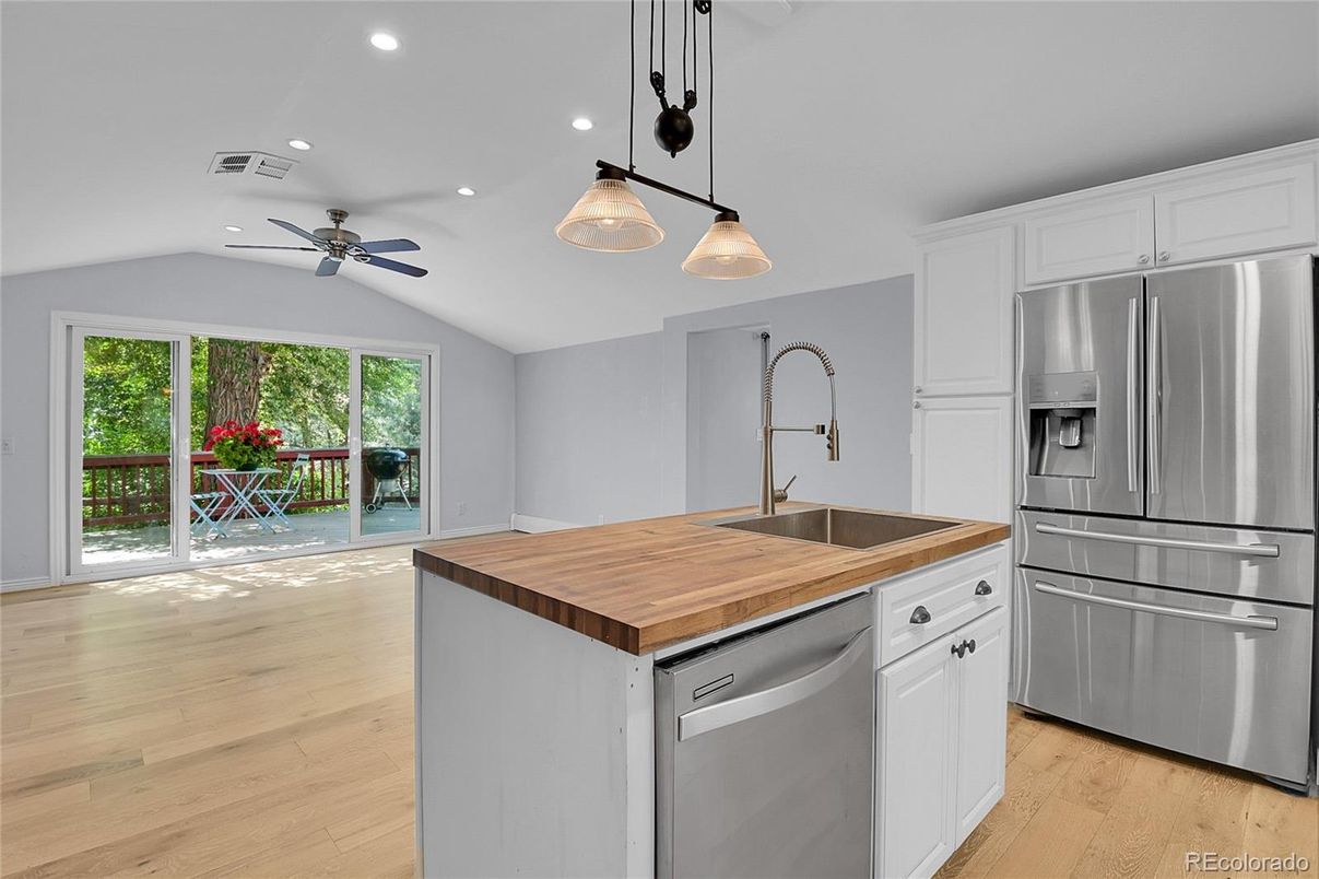 Interior, Kitchen, Pendant Lights, Recessed Lighting, Stainless Steel Appliances, Wood Texture Flooring