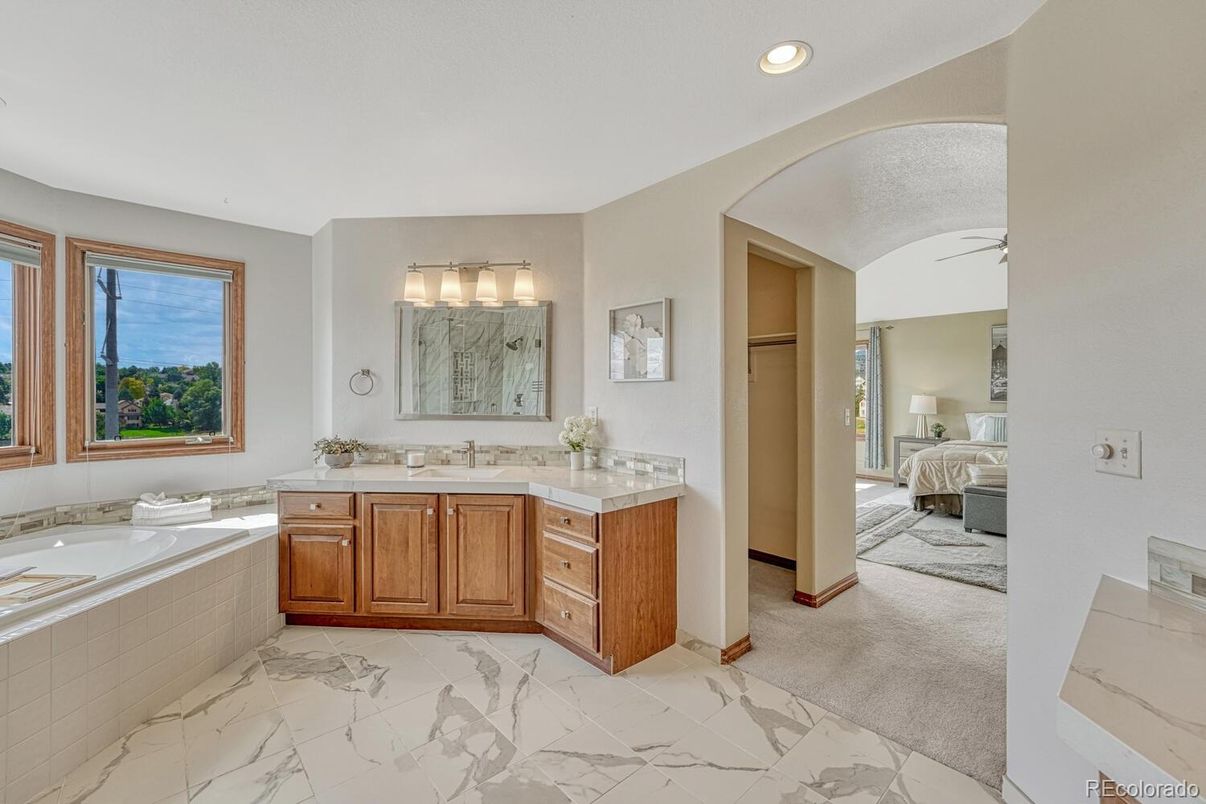 Bathroom, Bedroom, Dual Sink Vanities, Interior, Marble, Recessed Lighting