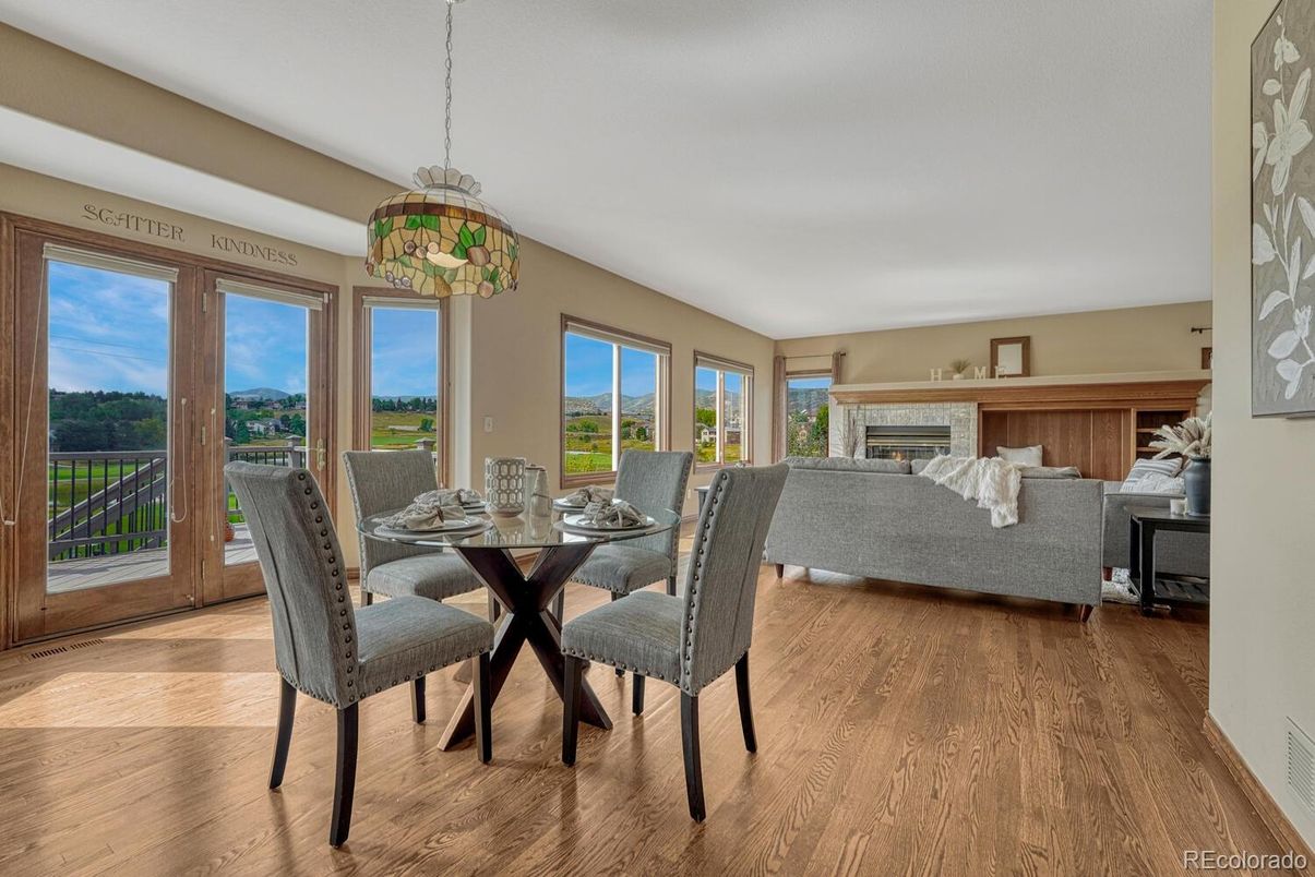 Dining room, Fireplace, Interior, Living room, Pendant Lights, Wood Texture Flooring
