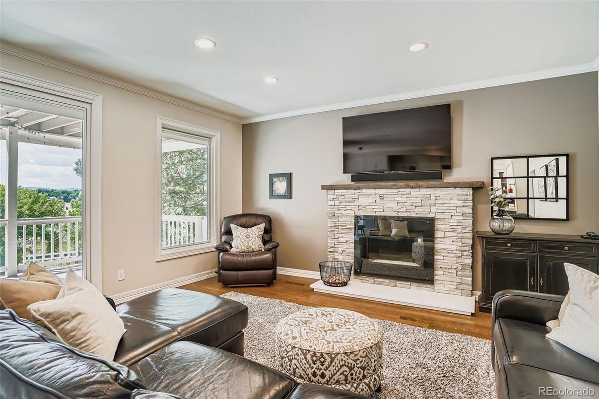 Fireplace, Interior, Living room, Recessed Lighting, Wood Texture Flooring