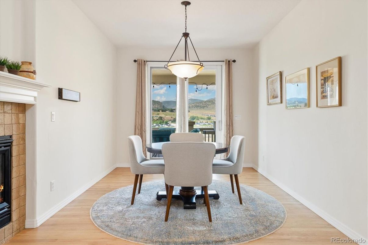 Dining room, Fireplace, Interior, Pendant Lights, Wood Texture Flooring