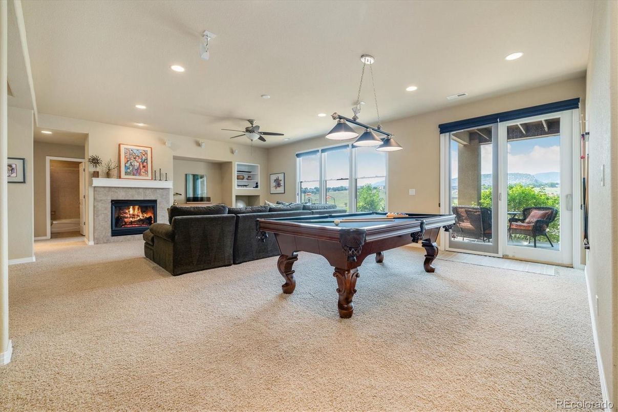 Billiard Table, Fireplace, Game Room, Interior, Living room, Pendant Lights, Recessed Lighting