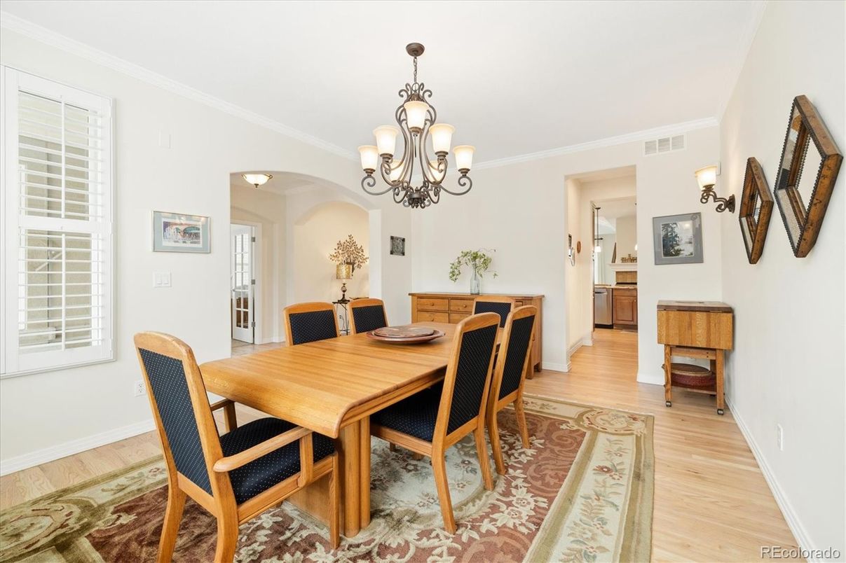Chandelier, Dining room, Interior, Wood Texture Flooring