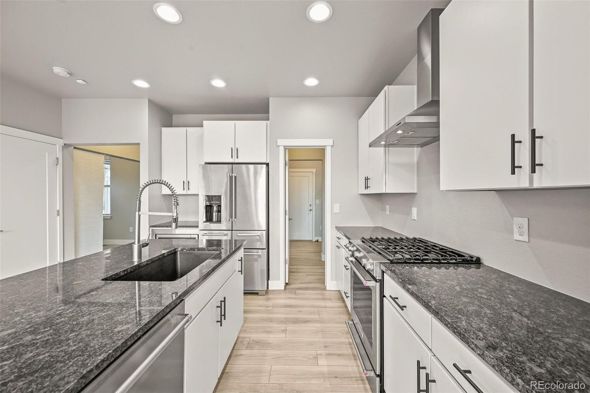 Interior, Kitchen, Recessed Lighting, Stainless Steel Appliances, Wood Texture Flooring