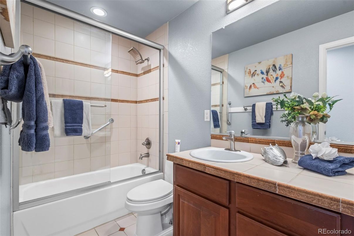 Bathroom, Glass Shower, Interior, Recessed Lighting, Tile Countertops
