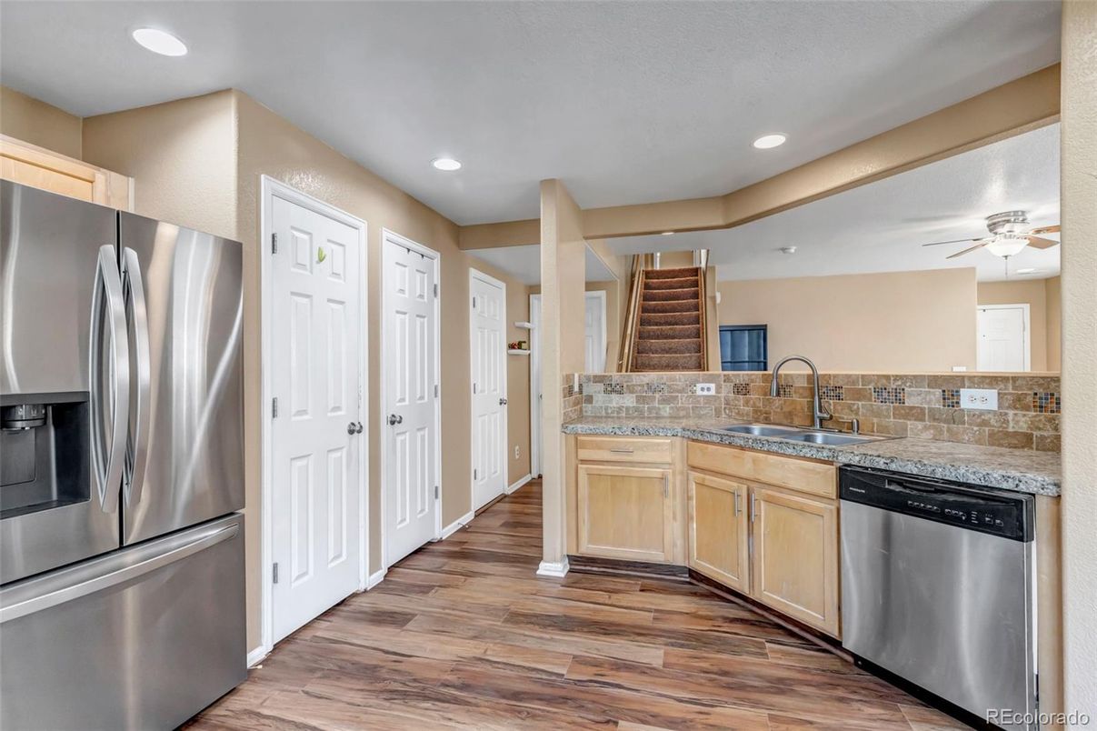 Interior, Kitchen, Recessed Lighting, Stainless Steel Appliances, Wood Texture Flooring