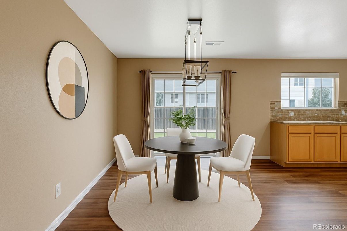 Dining room, Interior, Pendant Lights, Wood Texture Flooring