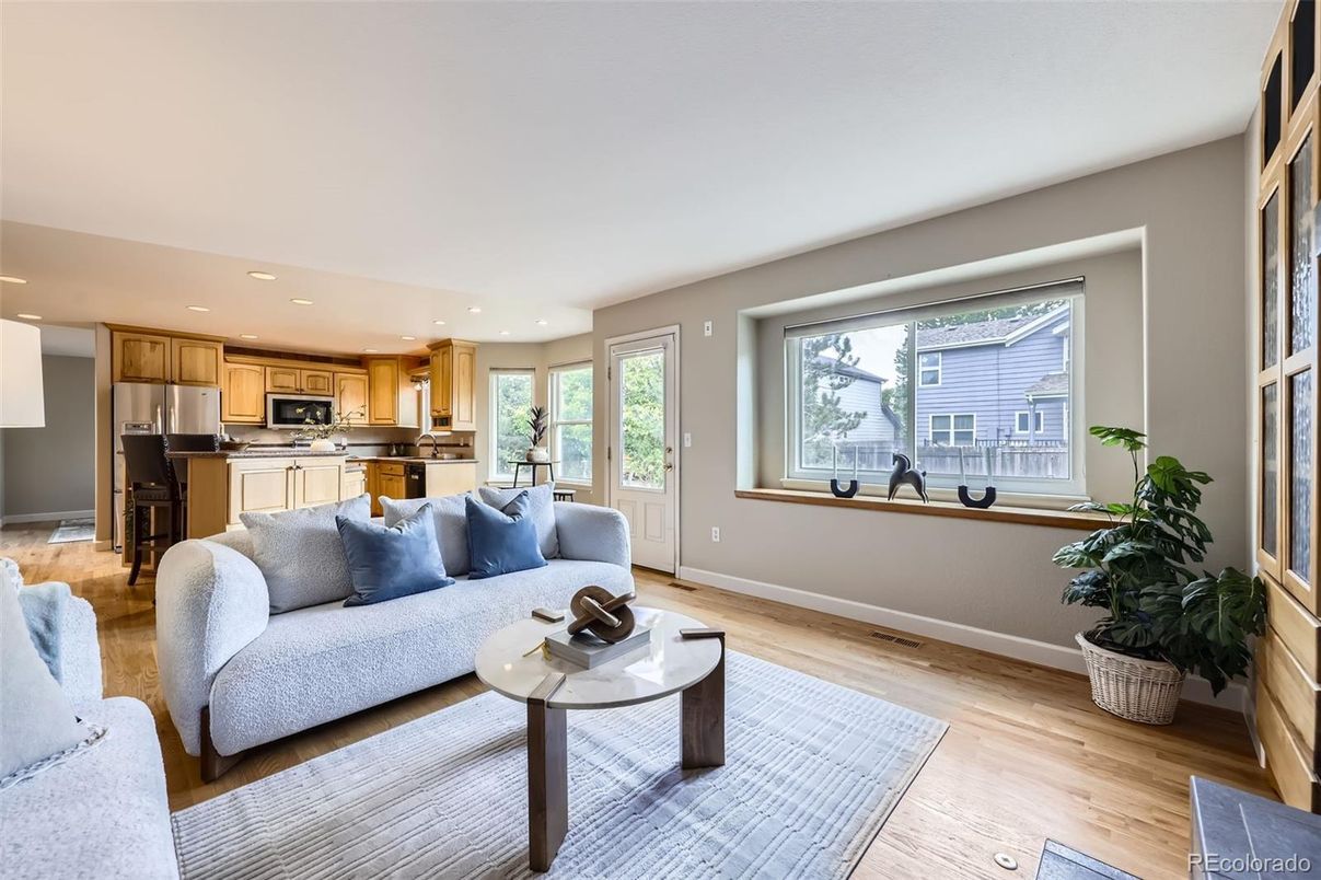 Interior, Kitchen, Living room, Recessed Lighting, Stainless Steel Appliances, Wood Texture Flooring