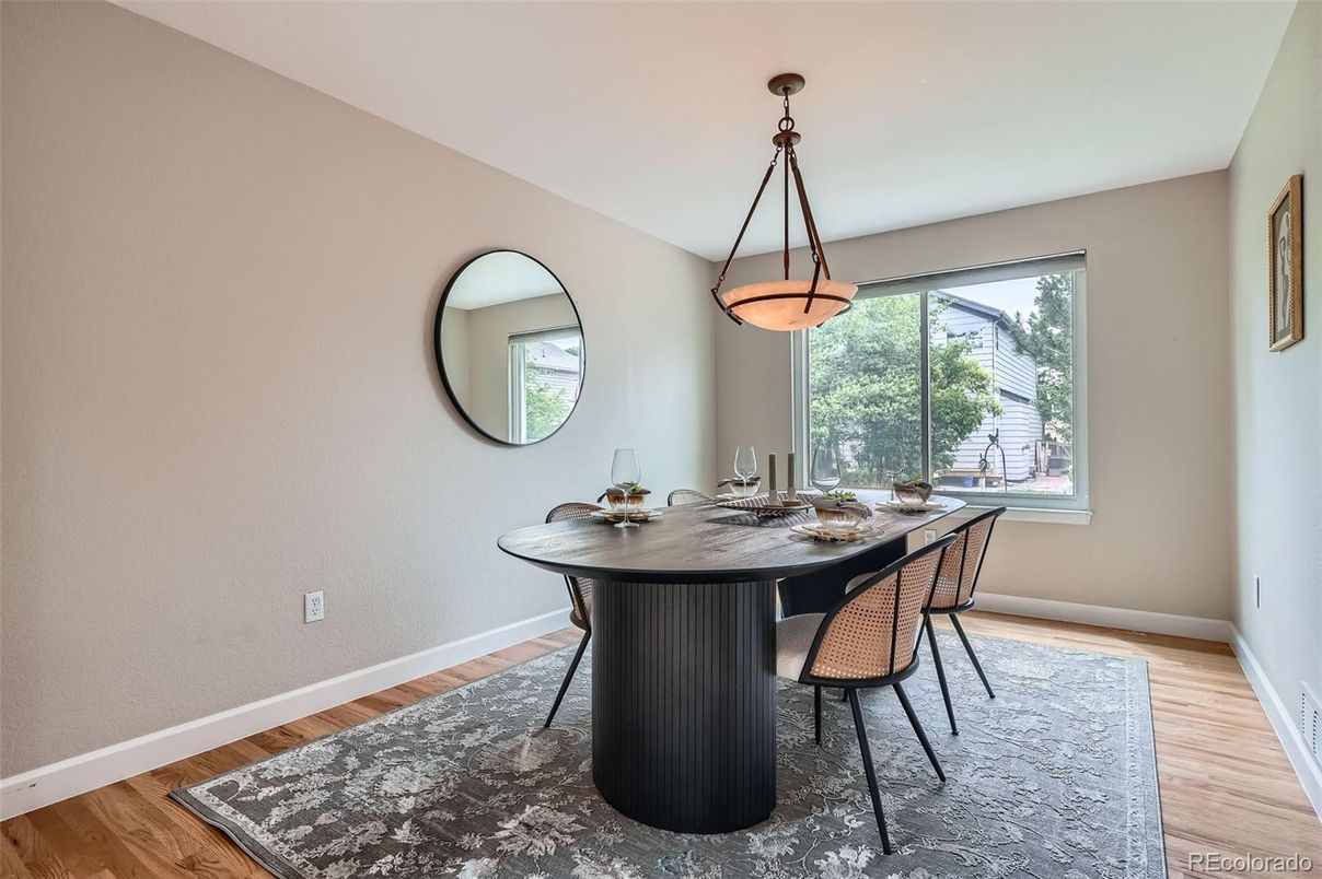 Dining room, Interior, Pendant Lights, Wood Texture Flooring