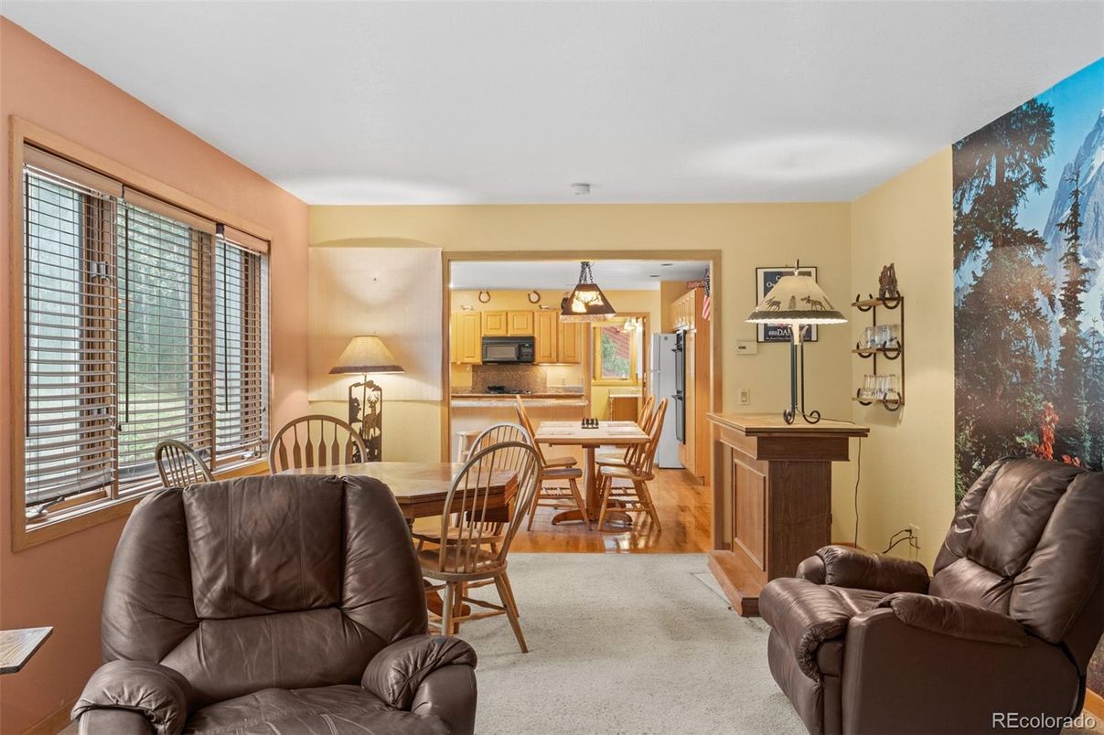 Dining room, Interior, Kitchen, Pendant Lights, Stainless Steel Appliances, Wood Texture Flooring